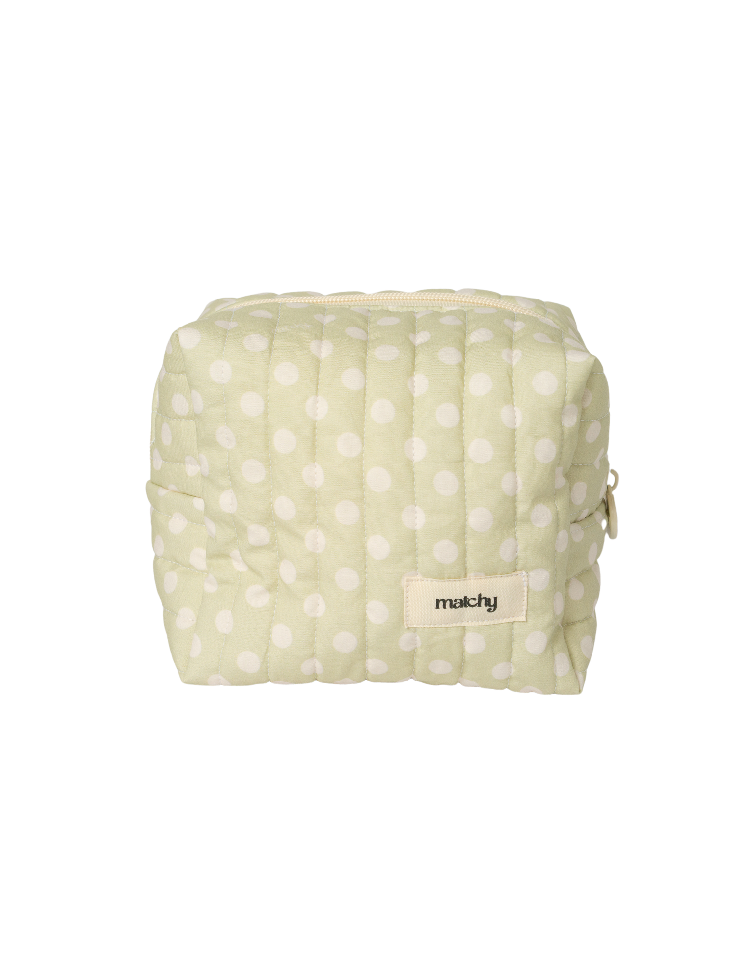 Small sage green and white polka dot quilted carry-all bag with a 'matchy' label. Matchy Poppy Carry-All Bag.