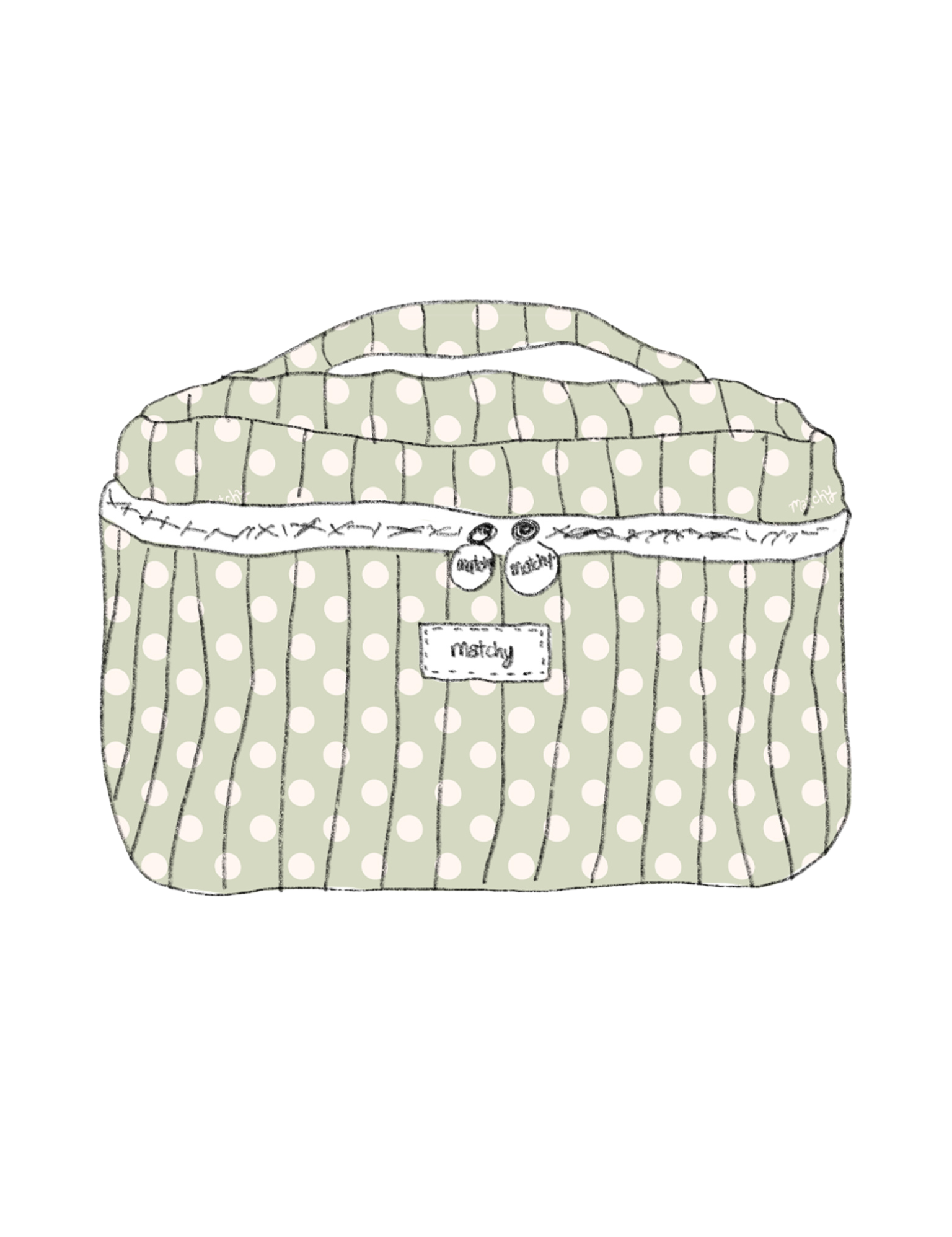 Illustration of a padded quilted train case with a top handle in sage green with white polka dots with a 'matchy' label. Matchy Poppy Custom Embroidery Train Case.