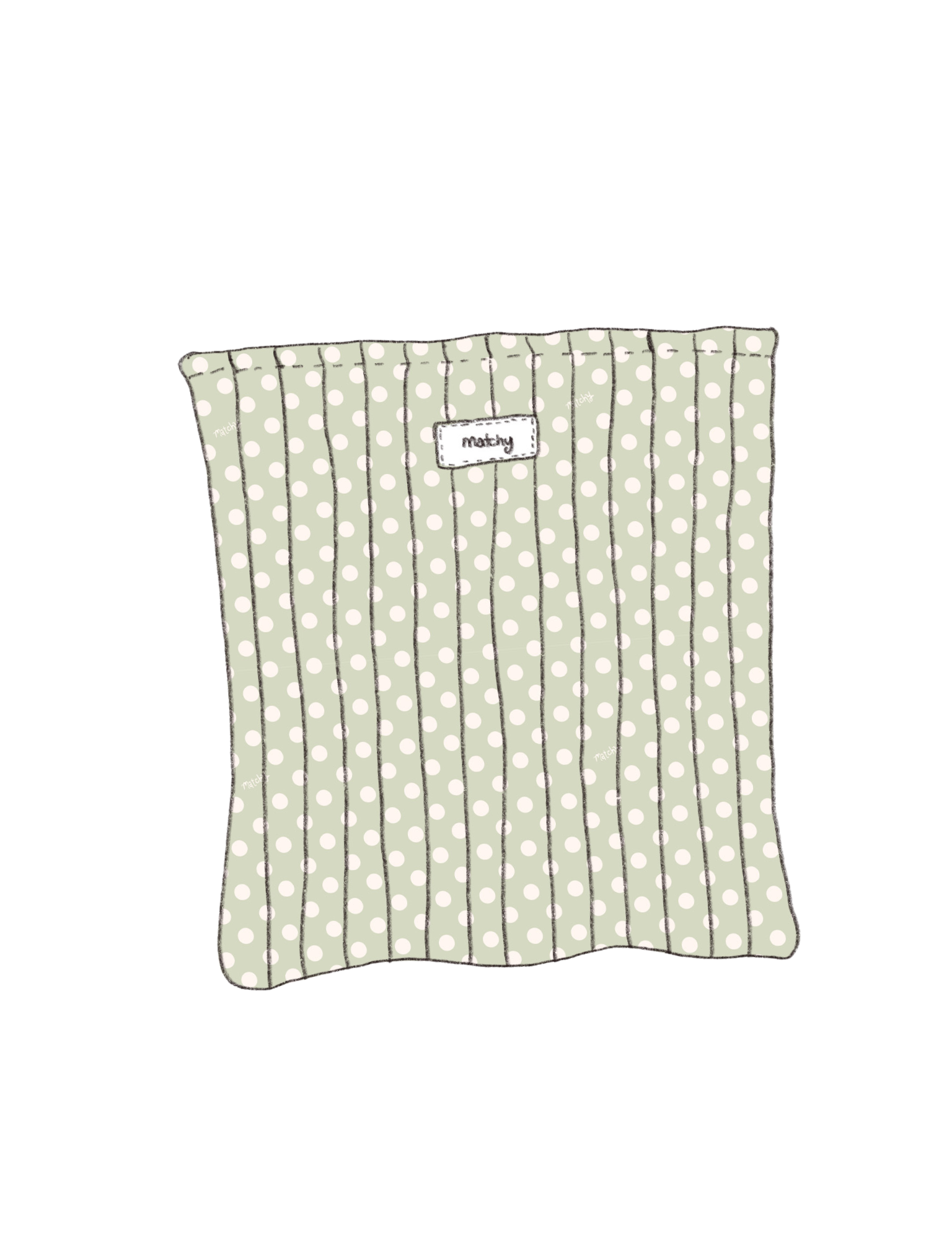Illustration of a padded quilted book sleeve in sage green with white polka dots with a 'matchy' label. Matchy Poppy Custom Embroidery Book Sleeve.
