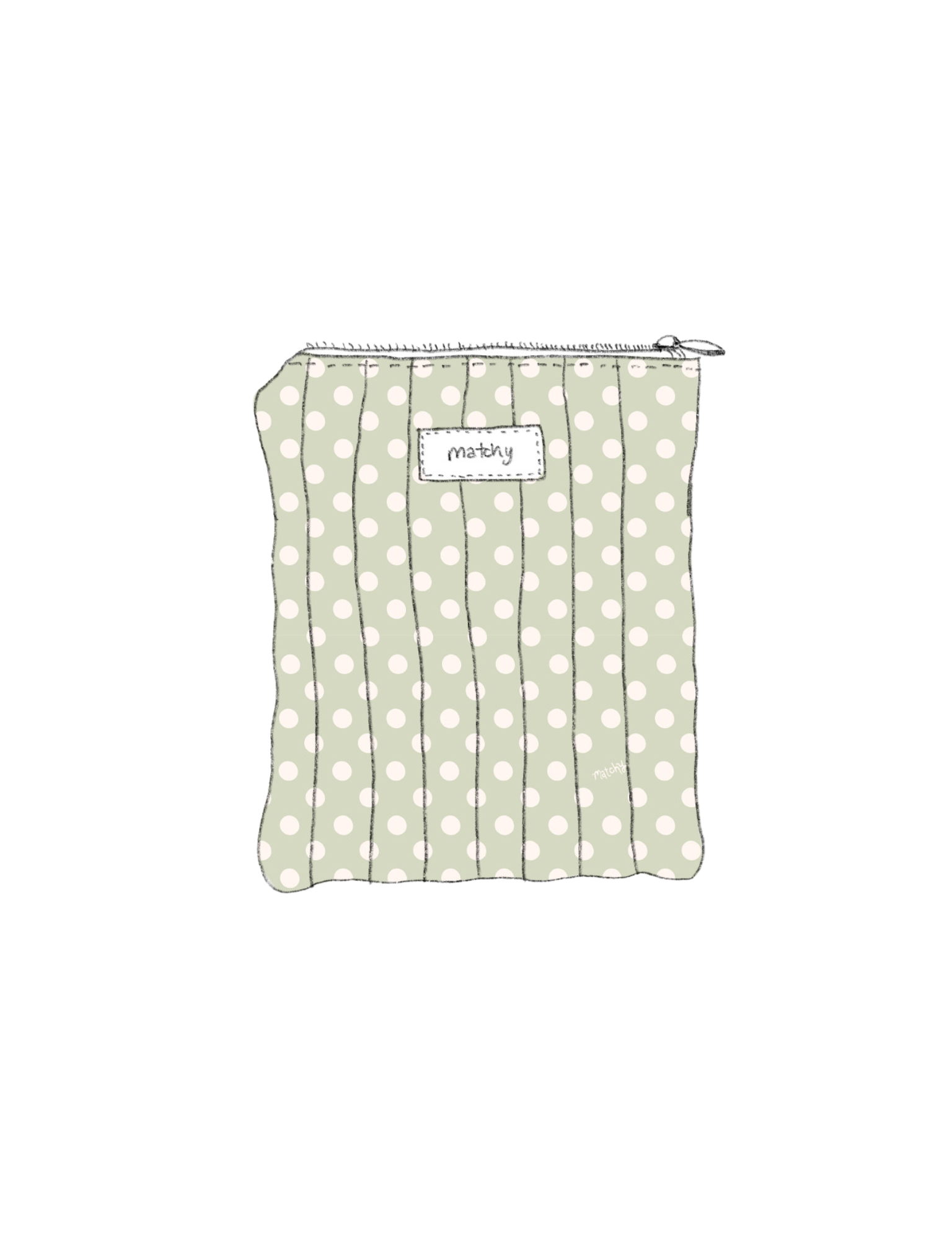Illustration of a padded quilted eReader sleeve in sage green with white polka dots with a 'matchy' label. Matchy Poppy Custom Embroidery eReader Sleeve, a personalised Kindle pouch.