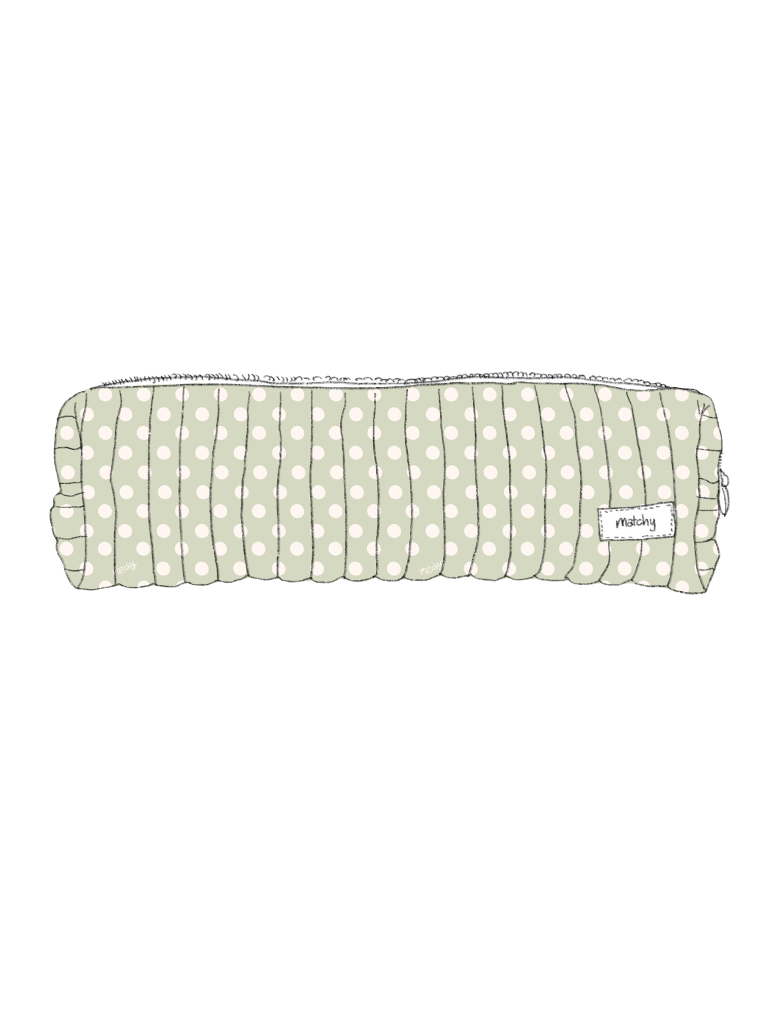 Illustration of a padded quilted hair tools pouch in sage green with white polka dots with a 'matchy' label. Matchy Poppy Hair Tools Pouch.