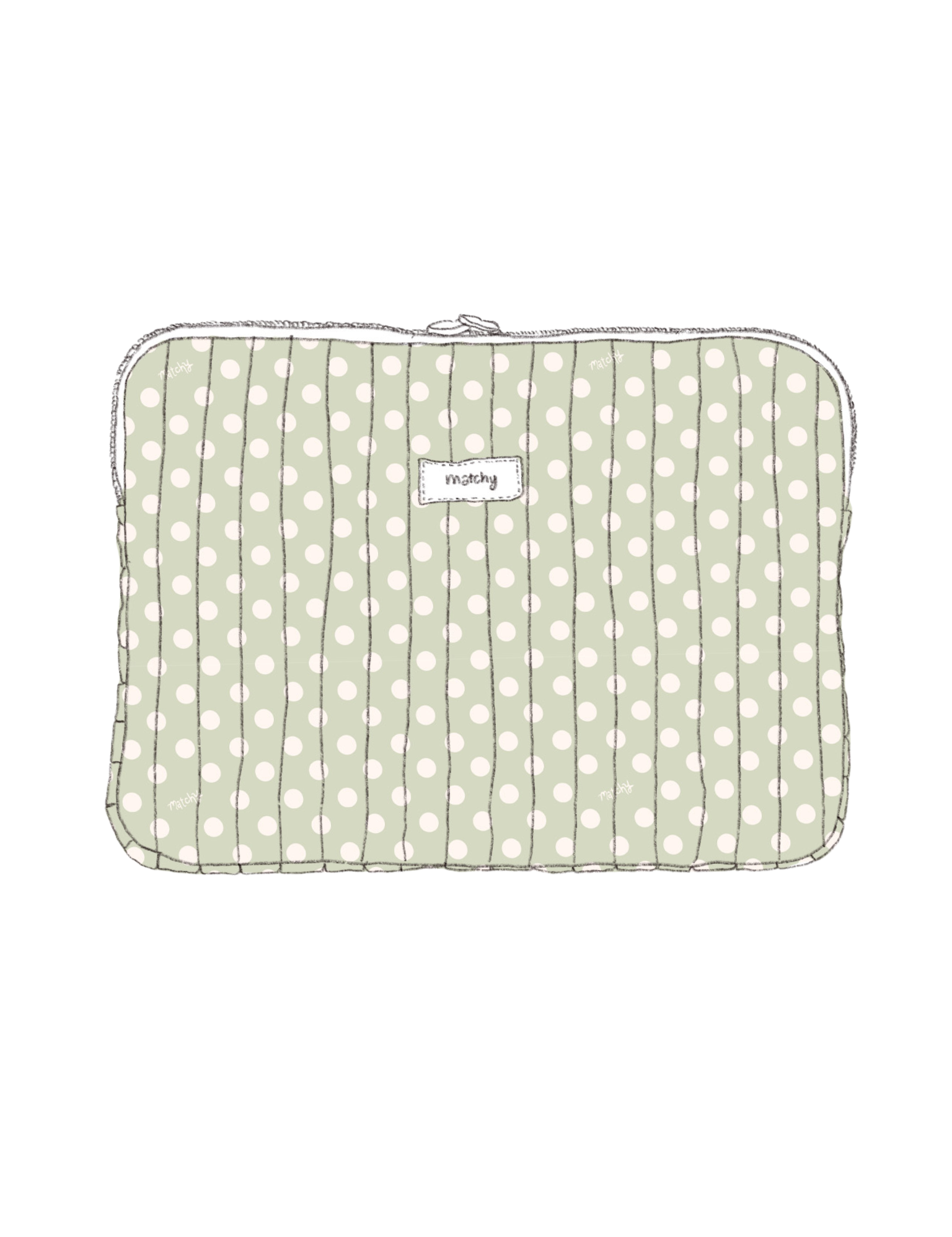 Illustration of a padded quilted laptop sleeve in sage green with white polka dots with a 'matchy' label. Matchy Poppy Laptop Sleeve for 13 to 15 inch laptops.