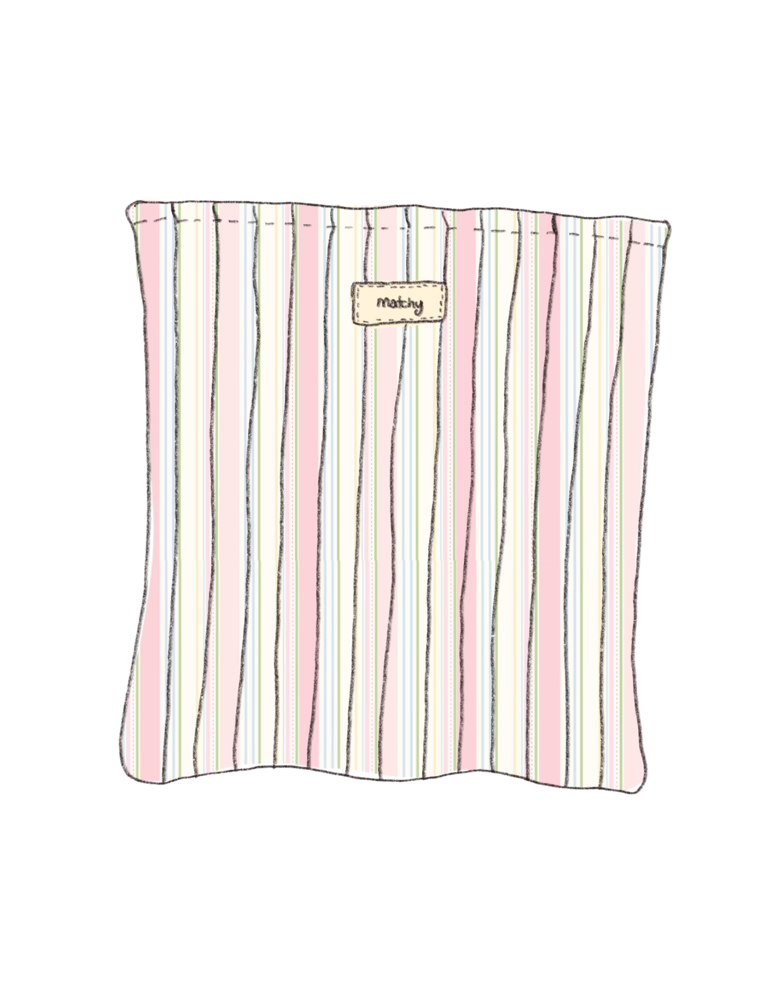Illustration of a padded quilted book sleeve in pastel pink, cream and green stripes with a 'matchy' label. Matchy Signature Stripe Book Sleeve.
