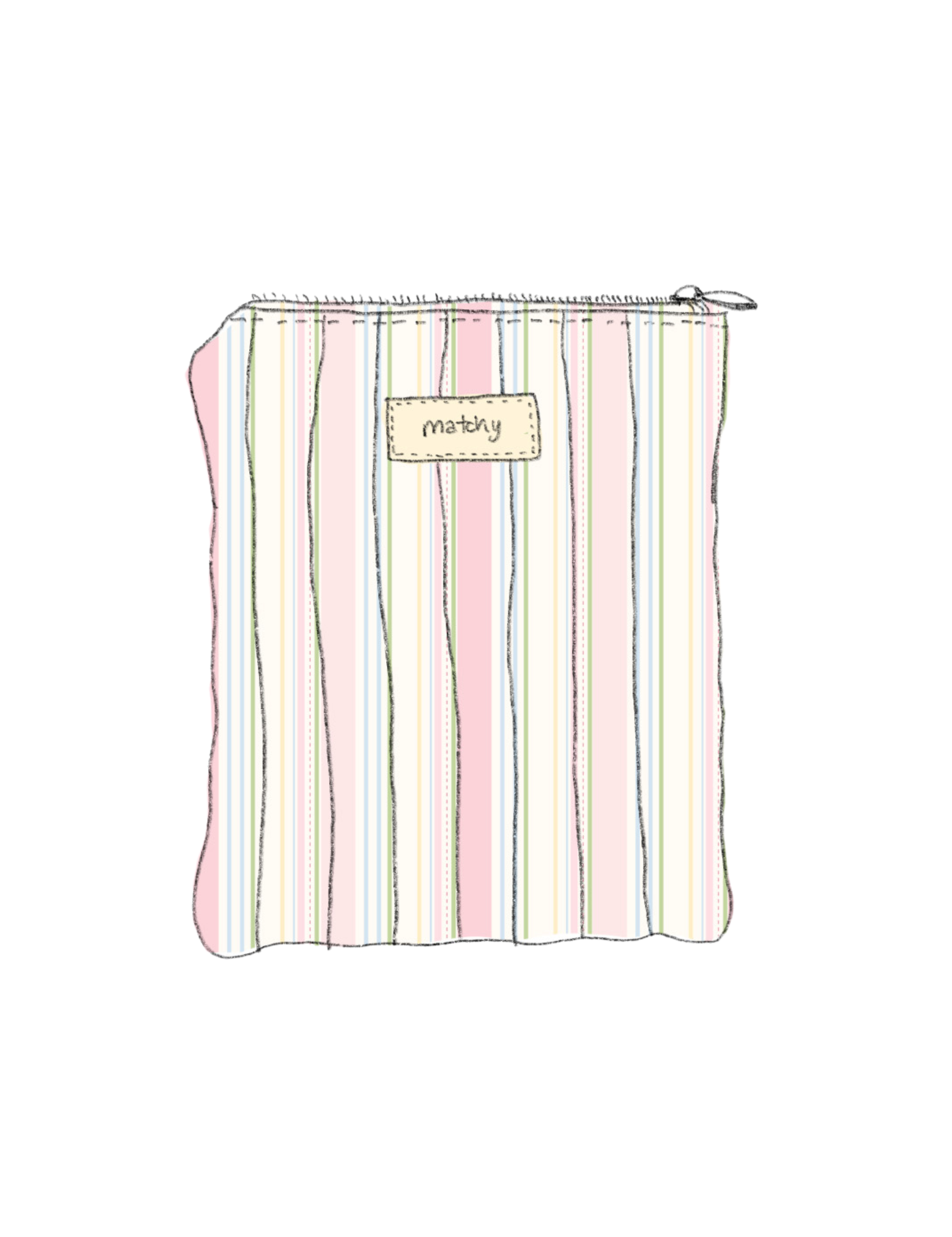 Illustration of a pastel striped quilted eReader sleeve in pink, cream and green stripes with a zip and 'matchy' label. Matchy Signature Stripe eReader Sleeve, a padded Kindle pouch.