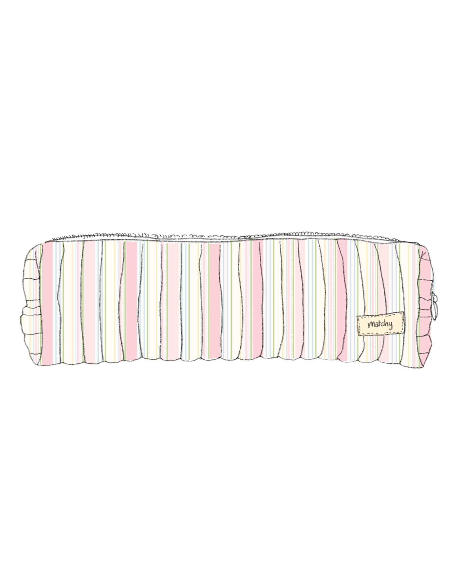 Illustration of a pastel striped quilted hair tools pouch in pink, cream and green stripes with a 'matchy' label. Matchy Signature Stripe Hair Tools Pouch.