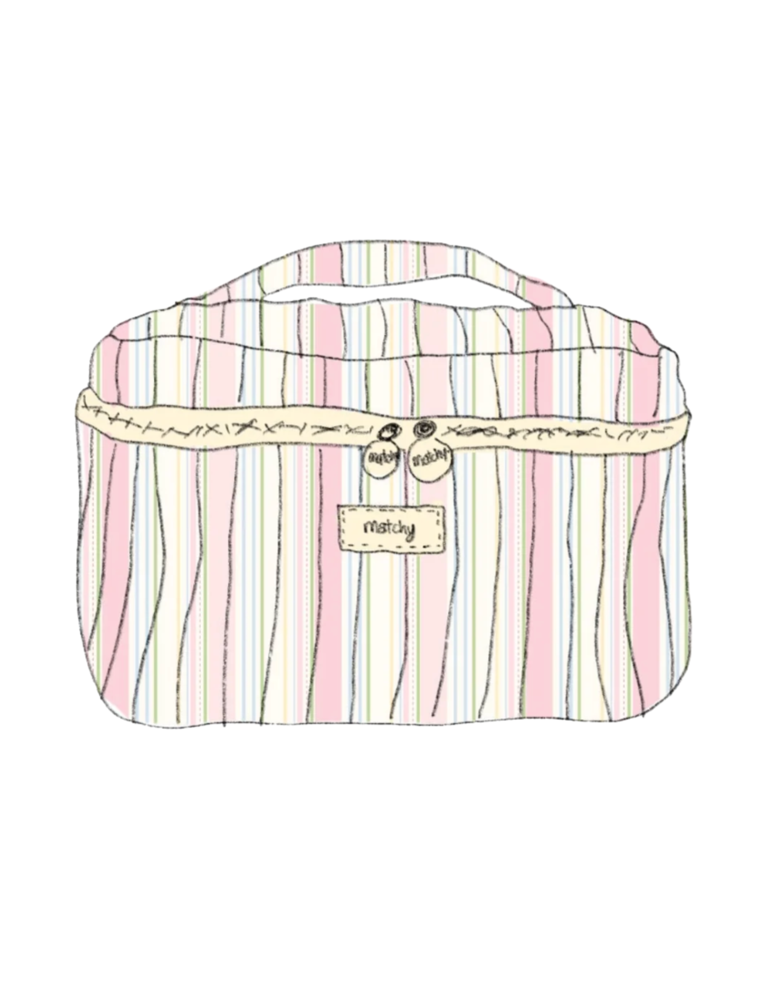 Illustration of a pastel striped quilted train case in pink, cream and green with a top handle and 'matchy' label. Matchy Signature Stripe Custom Embroidery Train Case.