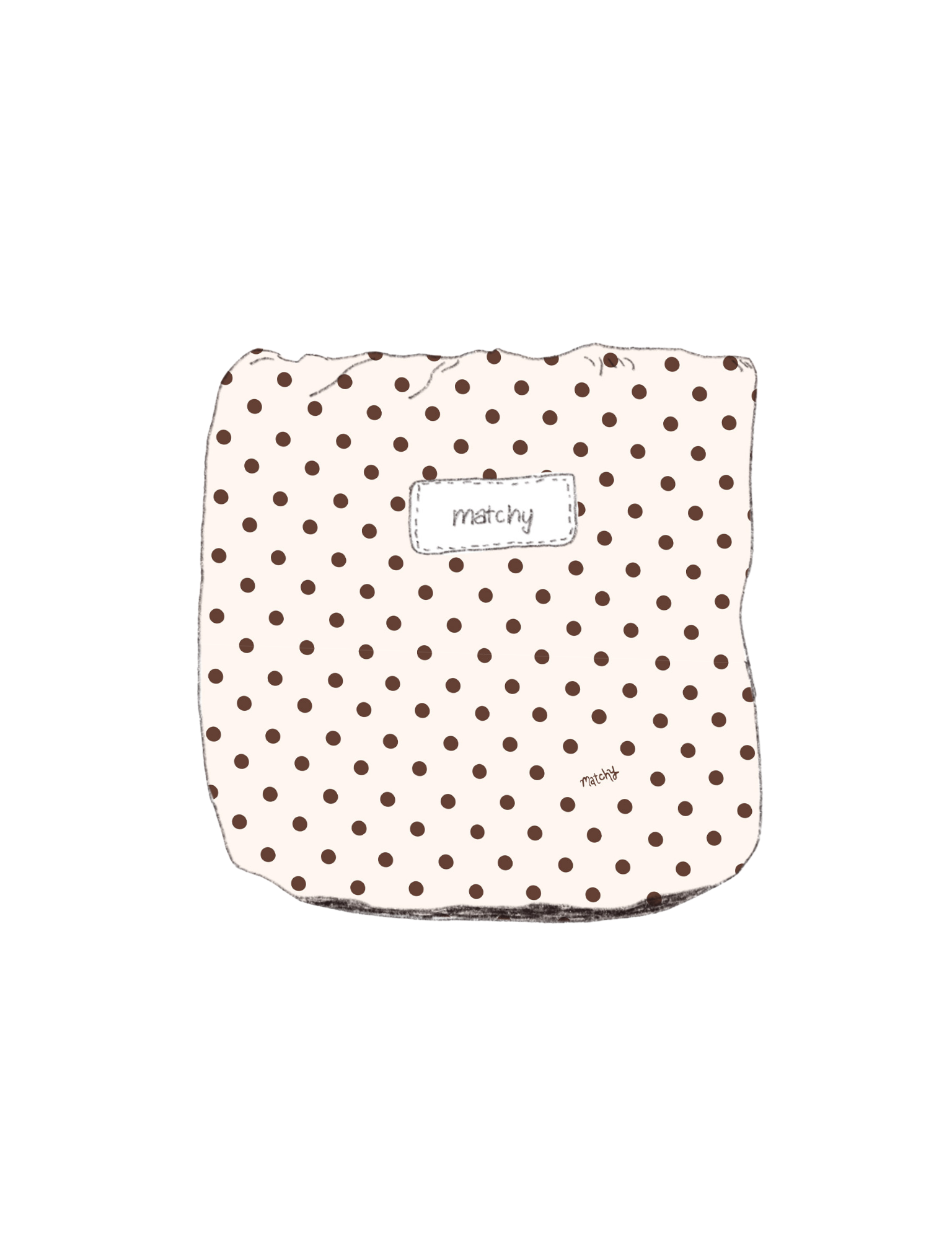 Illustration of a padded quilted bubble bucket in cream with brown polka dots with a 'matchy' label. Matchy Ken Bubble Bucket for vanity storage.