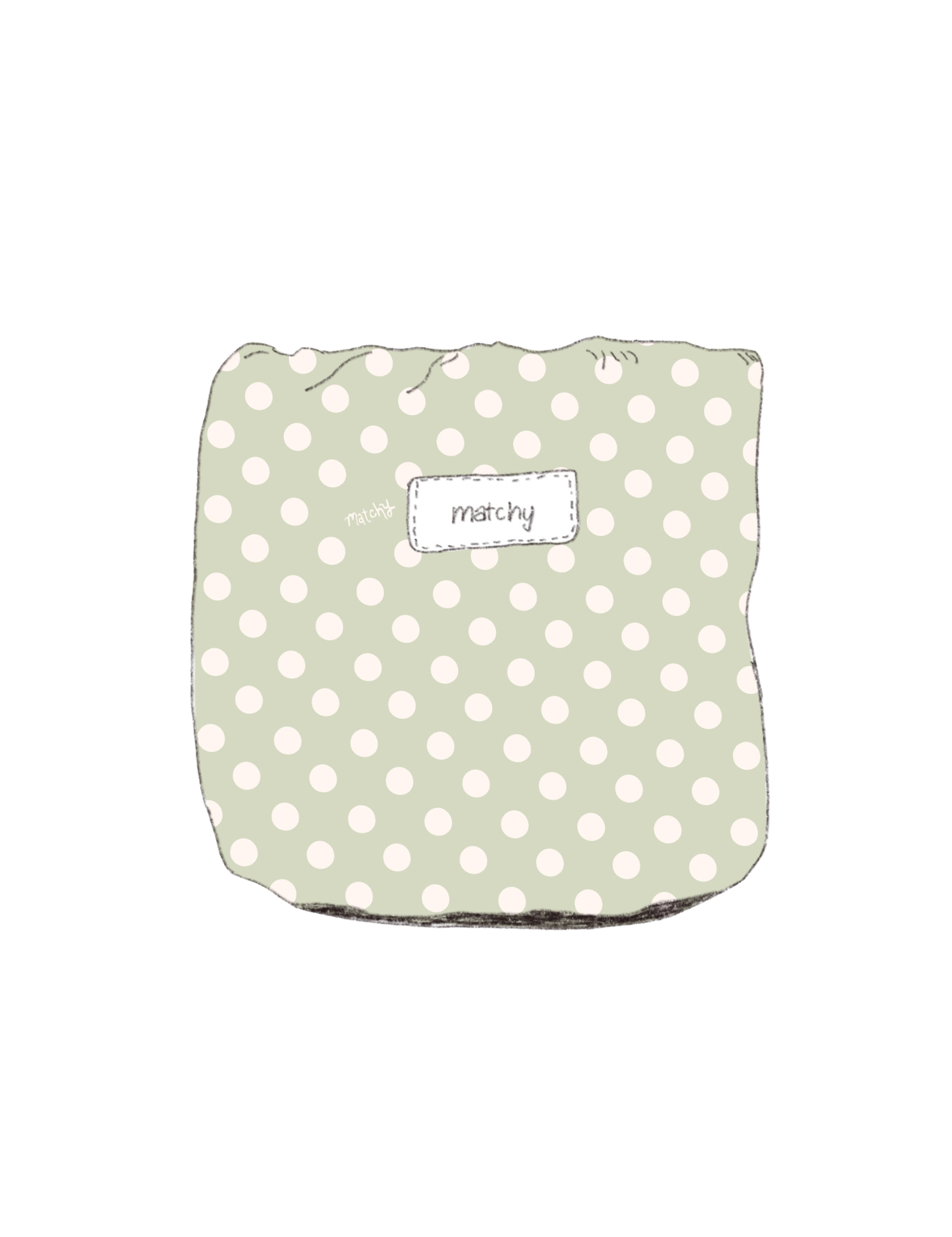 Illustration of a padded quilted bubble bucket in sage green with white polka dots with a 'matchy' label. Matchy Poppy Bubble Bucket for vanity storage.