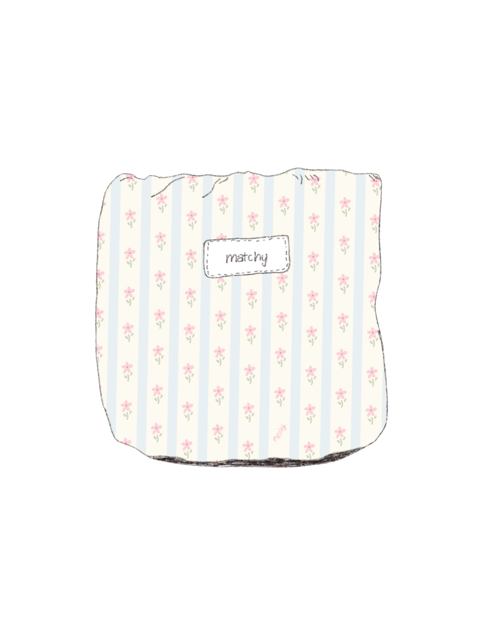 Illustration of a padded quilted bubble bucket in pale blue and cream stripes with tiny pink flowers with a 'matchy' label. Matchy Blossom Bubble Bucket for vanity storage.