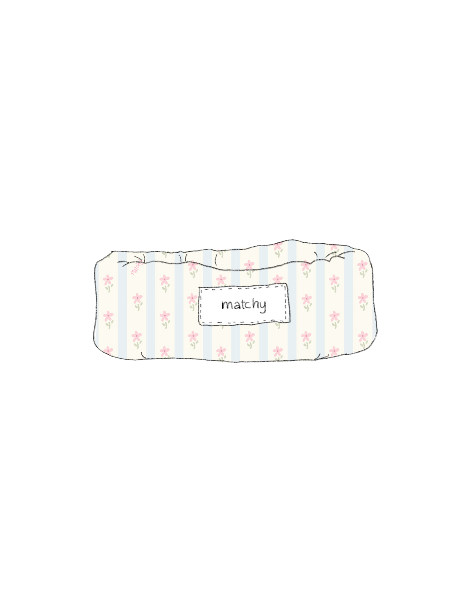 Illustration of a padded quilted bubble tray in pale blue and cream stripes with tiny pink flowers with a 'matchy' label. Matchy Blossom Bubble Tray, a padded trinket tray.