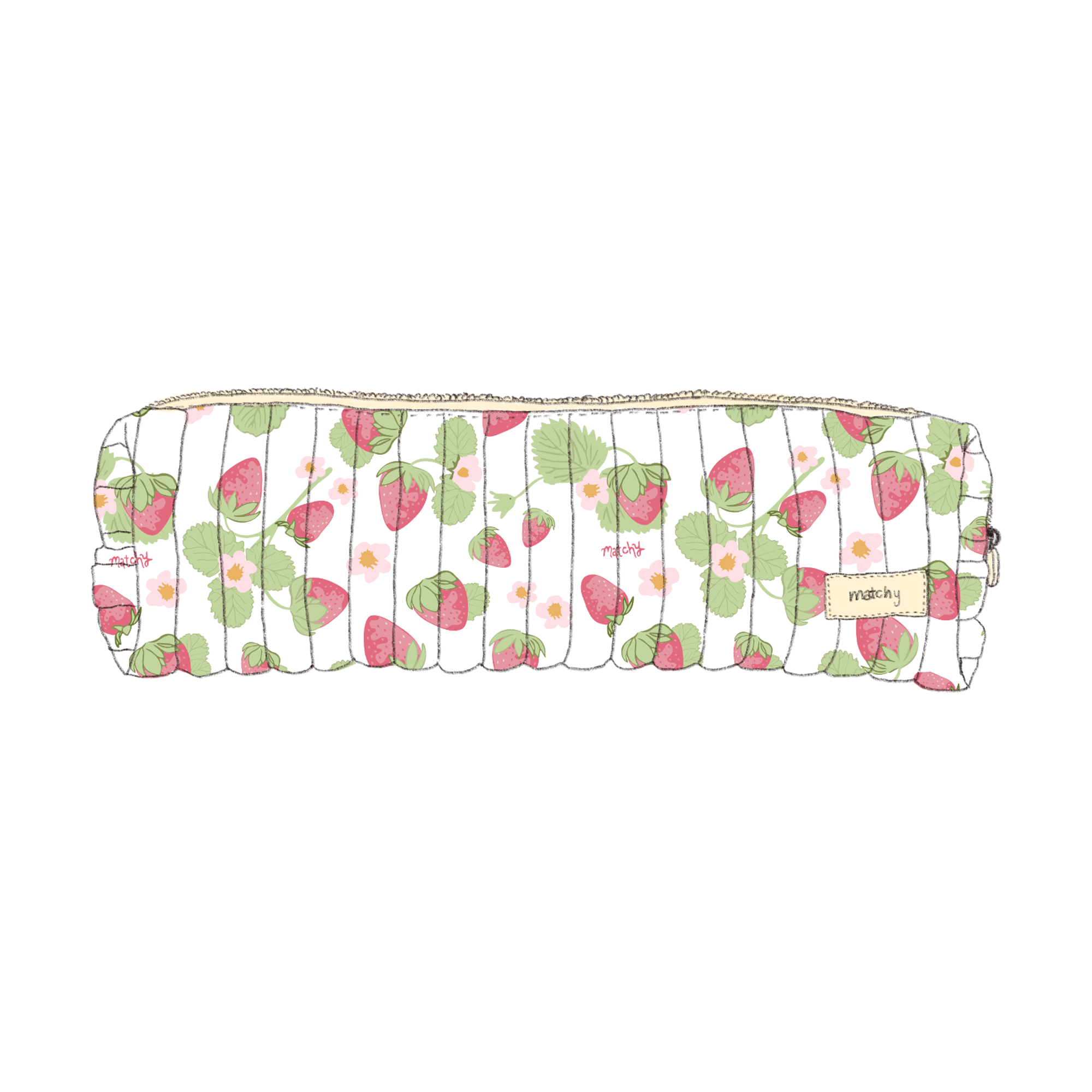 Long slim quilted pouch with a pink strawberry and green leaf print and a 'matchy' label. Matchy Sofia Hair Tools Pouch for straighteners and curling wands.