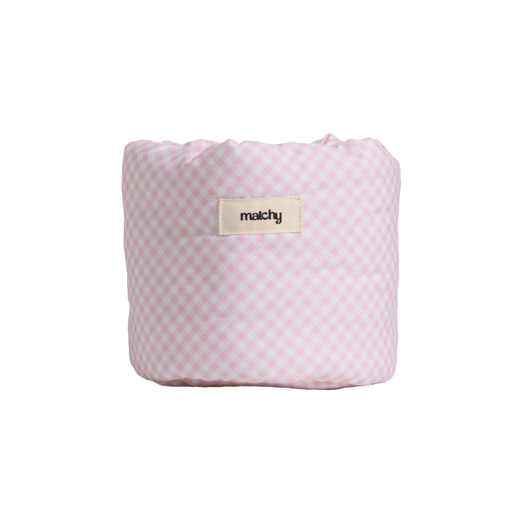 Pink gingham fabric bubble bucket with a soft scrunched top edge and a cream 'matchy' label. Matchy Georgina Bubble Bucket in pink, a padded vanity storage bucket.