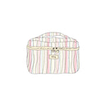 Striped bag with a beige tag on a white background