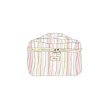 Striped bag with a beige tag on a white background