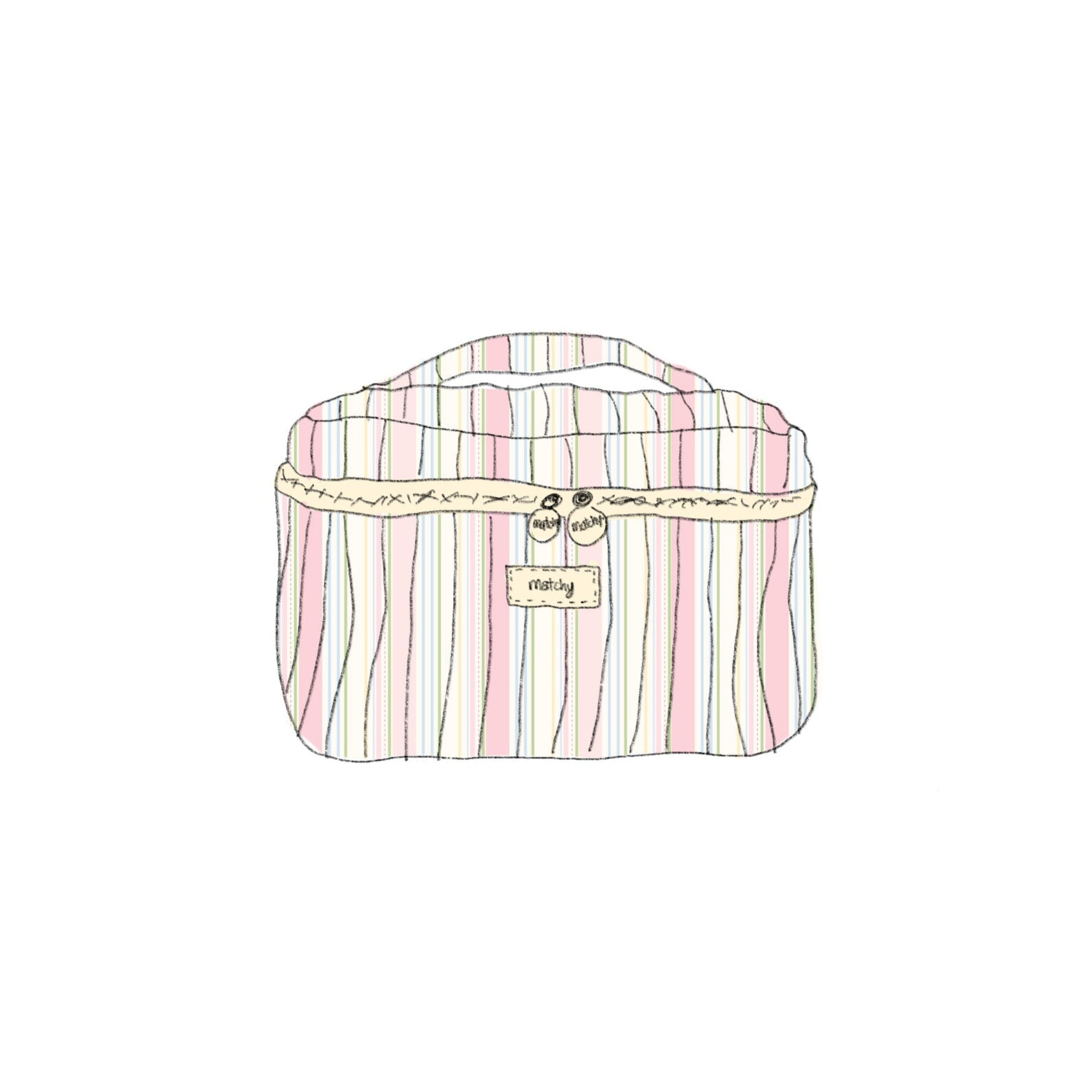 Striped bag with a beige tag on a white background