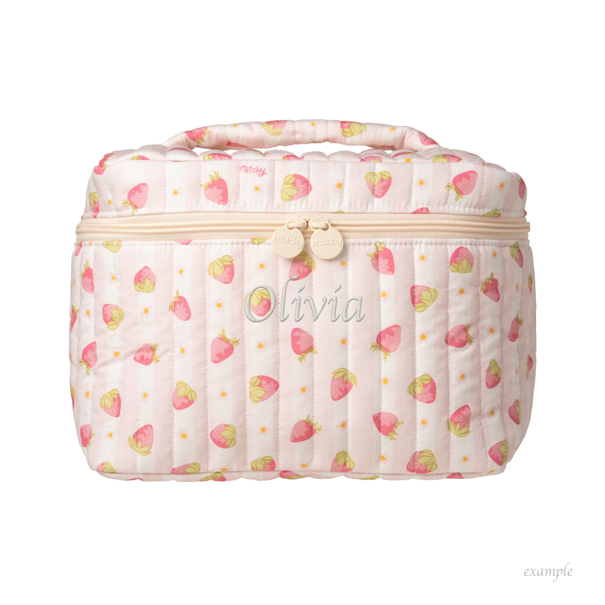 Pale pink strawberry print quilted train case with the name 'Olivia' shown as an example of custom embroidery. Matchy Sylvie Custom Embroidery Train Case.