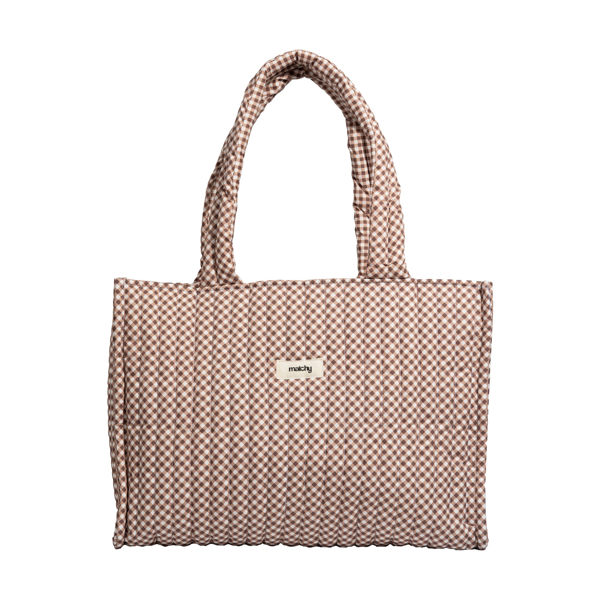 Brown and cream gingham quilted tote bag with two shoulder straps and a small 'matchy' label. Matchy Chocolate Take Me With You Tote, a gingham quilted tote bag.