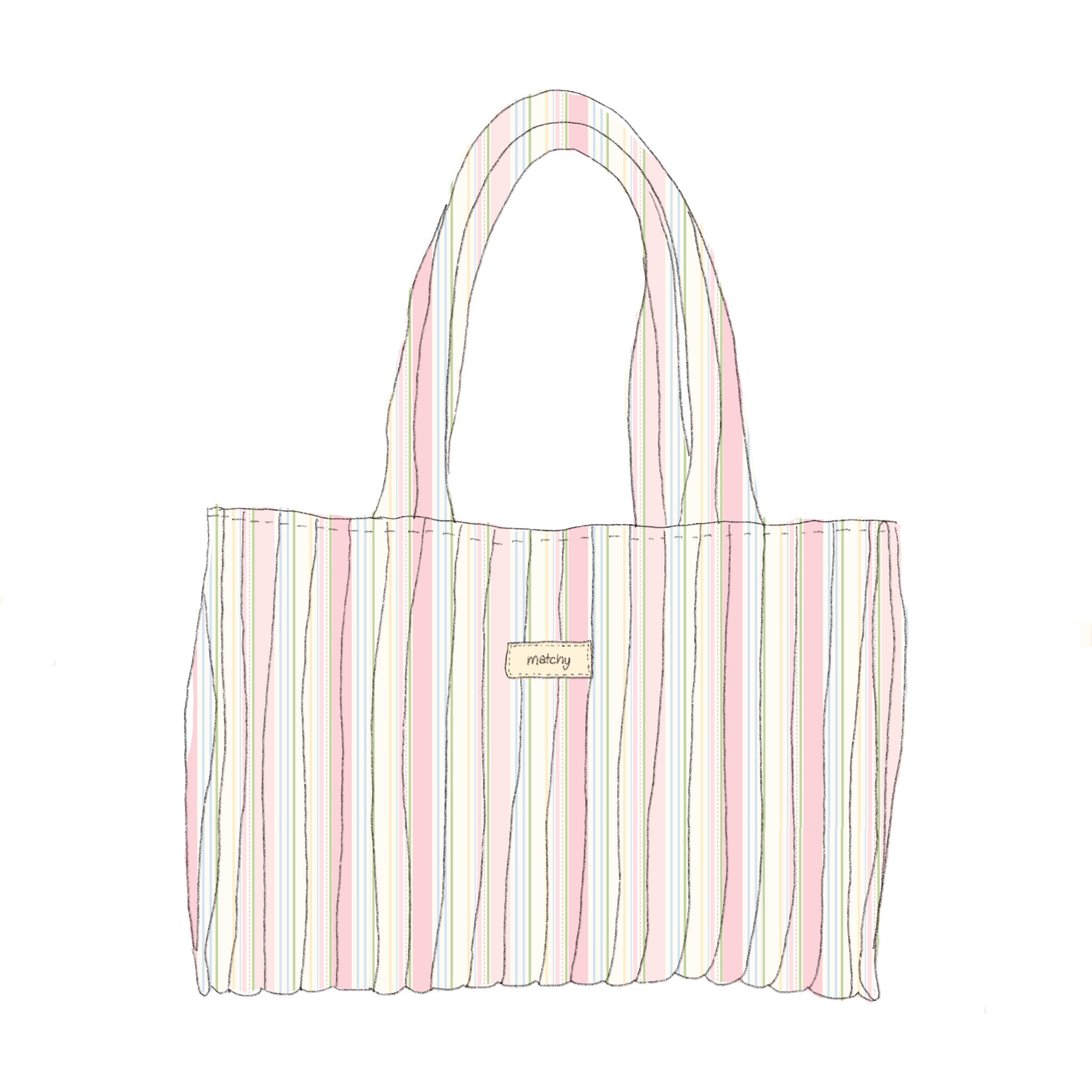 Illustration of a pastel striped quilted tote bag in pink, cream and green stripes with two shoulder straps and a 'matchy' label. Matchy Signature Stripe Take Me With You Tote.