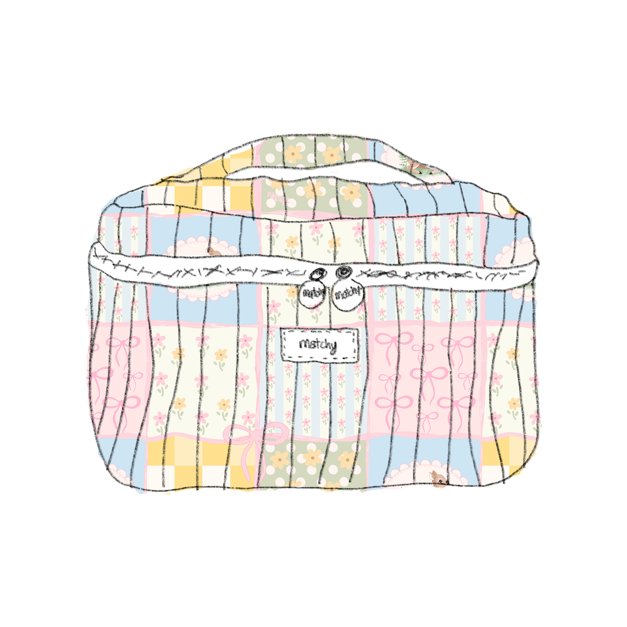 Illustration of a quilted pastel patchwork train case in pink, blue, yellow and cream squares with a top handle and 'matchy' label. Matchy Patchwork Train Case, a makeup and toiletry case.