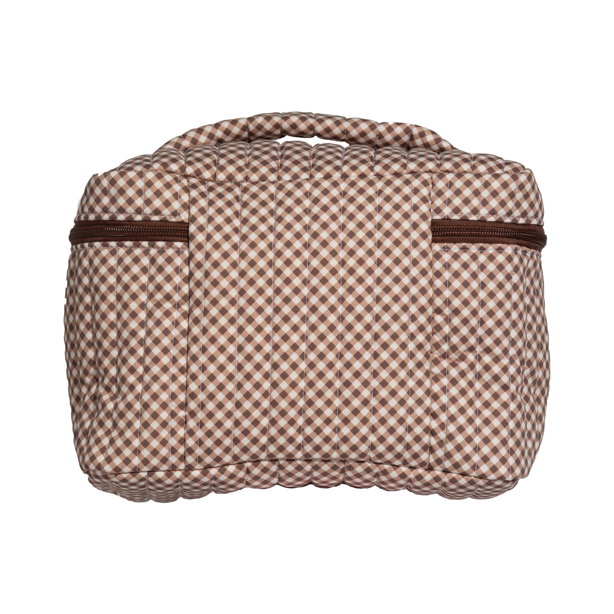 Back view of a quilted brown and cream gingham train case with brown zip trim and a top carry handle on a white background. Matchy Georgina Train Case, a roomy quilted cotton makeup and toiletry case.