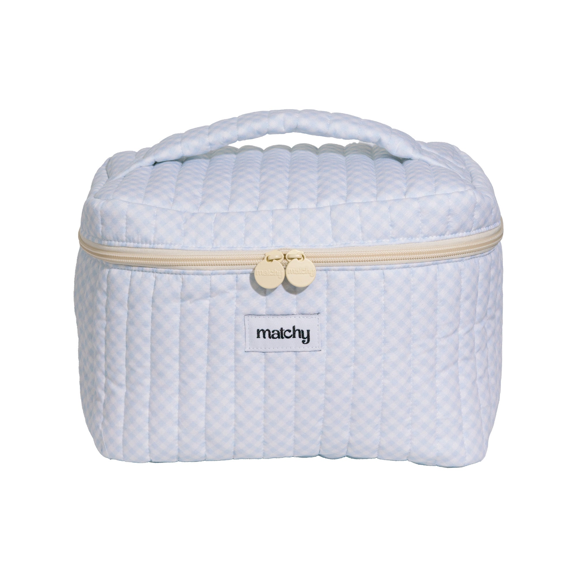 Pale blue gingham quilted train case with a top handle, gold zip pulls and 'matchy' label. Matchy Blueberry Gingham Custom Embroidery Train Case, a personalised makeup case.