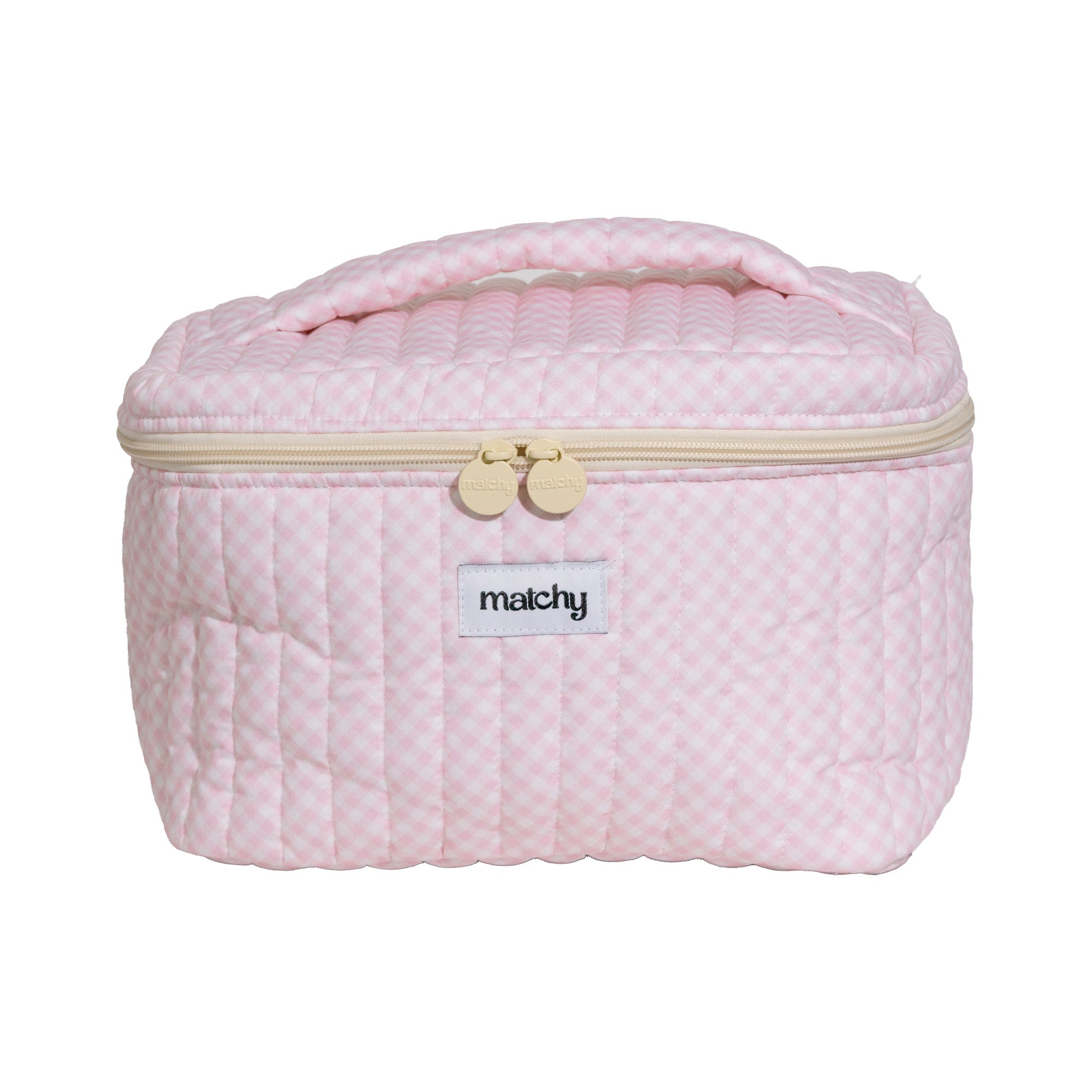 Soft pink gingham quilted train case with a top handle, gold zip pulls and 'matchy' label. Matchy Strawberry Gingham Custom Embroidery Train Case, a personalised makeup case.