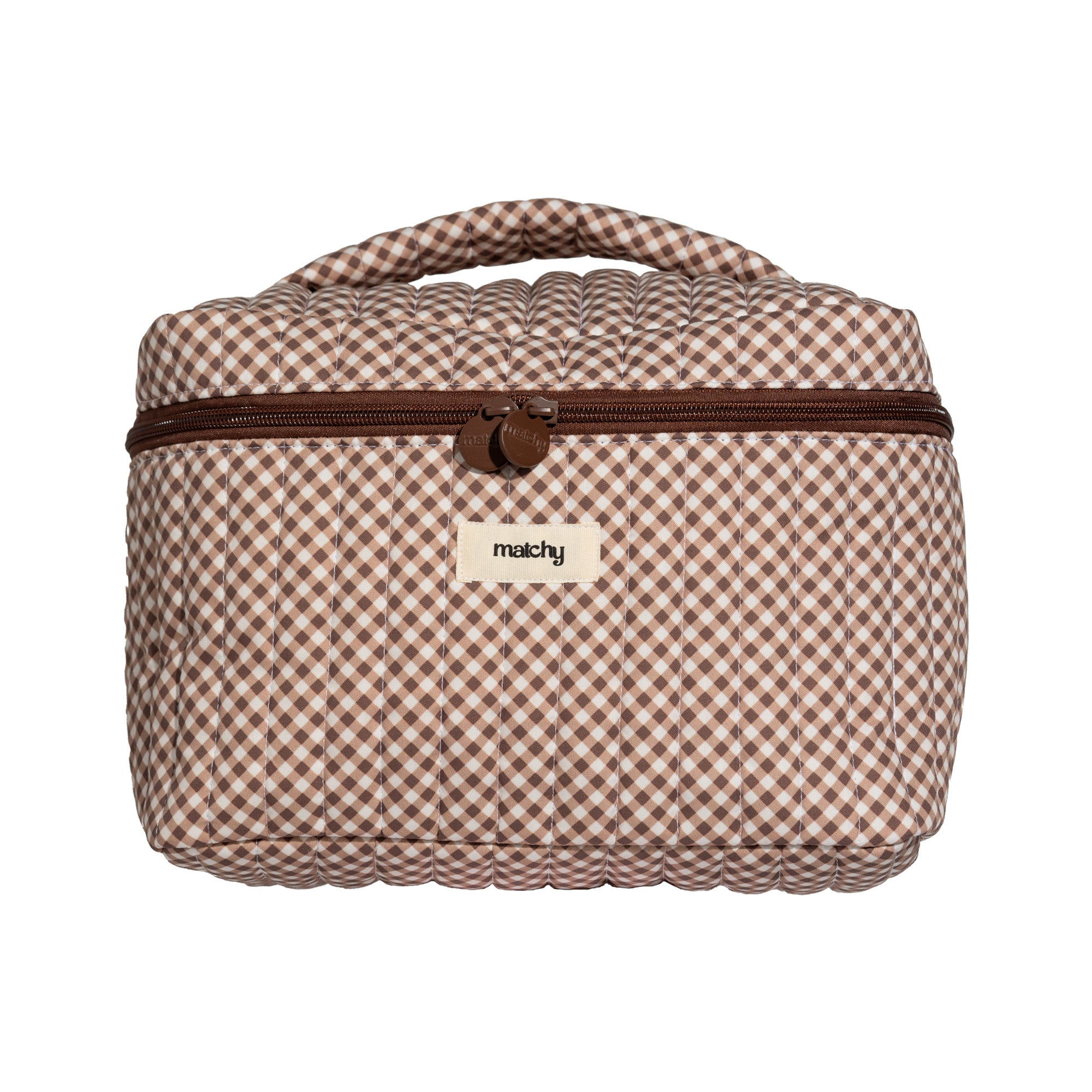 Brown and cream gingham quilted train case with a brown zip, top handle and 'matchy' label. Matchy Chocolate Gingham Custom Embroidery Train Case, a personalised makeup case.
