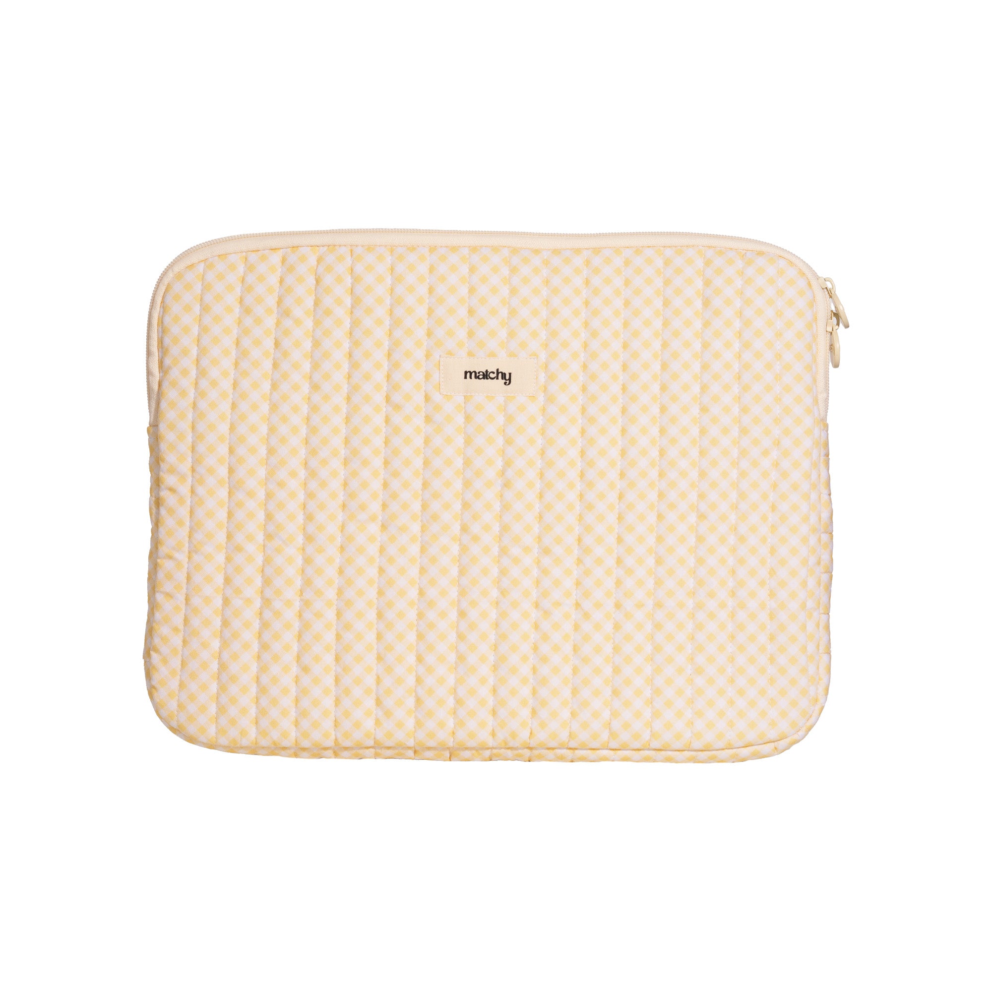 Front view of a butter yellow gingham quilted laptop sleeve with a cream zip and 'matchy' label. Matchy Georgina Gingham Laptop Sleeve in yellow for 13 to 15 inch laptops.